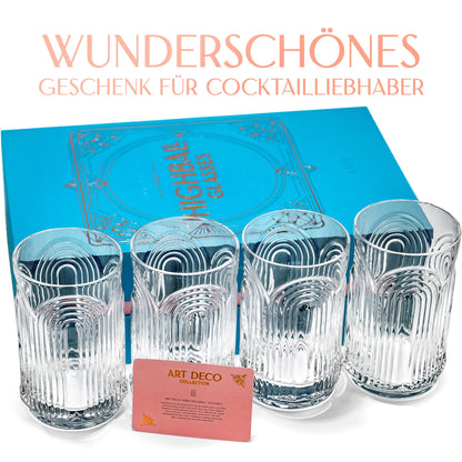 GLASSIQUE CADEAU Vintage Art Deco 1920s Gin Cocktail Highball Glasses with Relief for Caipirinha, Mojito, Gin Tonic, Cuba Libre | Set of 4 | 400 ml Highball Cocktail Glasses