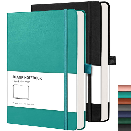 RETACY Notebook A5 Blank 2 Pack - 384 pages Unlined Notebooks with 100gsm Blank Paper, Pen Loop, Inner Pocket, for Sketching School Women Men 14.5 x 21cm-Cyan