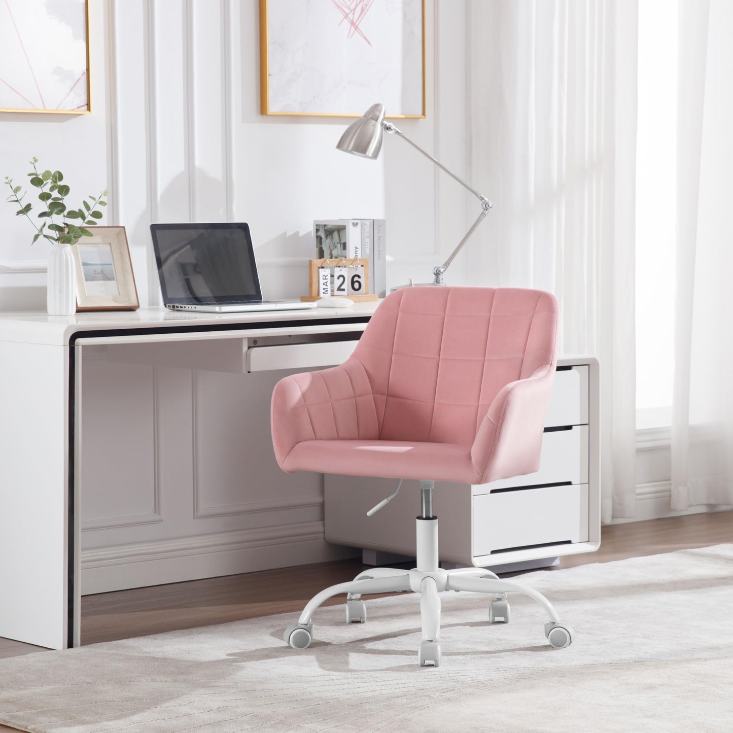 WOLTU Vanity Chair, Swivel Desk Chair, Rolling Office Chair, Ergonomic Task Chair, Height Adjustable Seat for Home Office, Bedroom, Office, Velvet, Pink