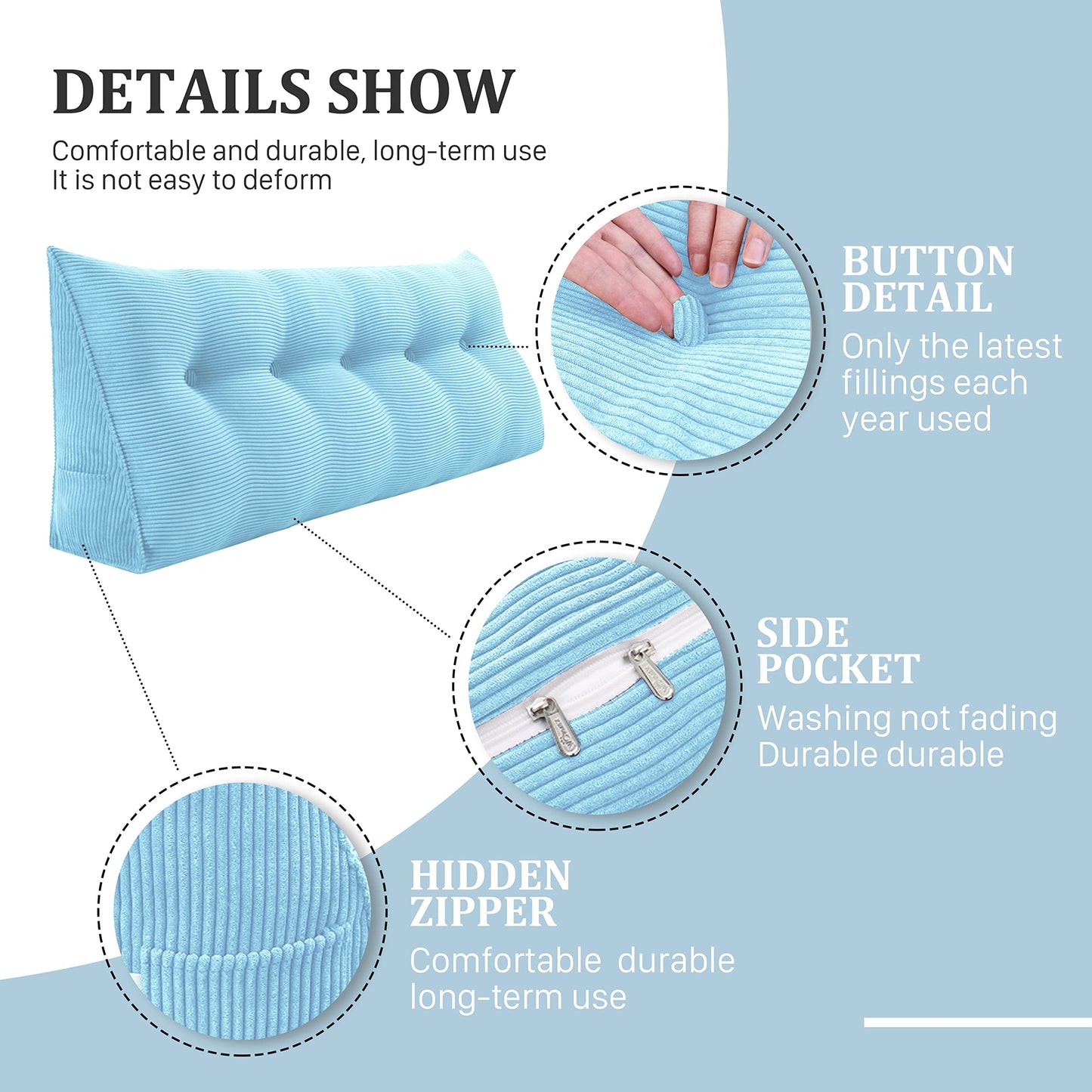 VERCART back cushion wedge cushion backrest pillow for bed sofa headboard padded bed pillow wall pillow sofa cushion large back cushion couch cushion decorative pillow corduroy azure blue 80cm