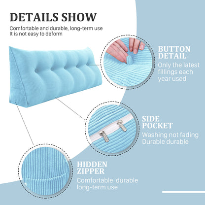 VERCART back cushion wedge cushion backrest pillow for bed sofa headboard padded bed pillow wall pillow sofa cushion large back cushion couch cushion decorative pillow corduroy azure blue 80cm