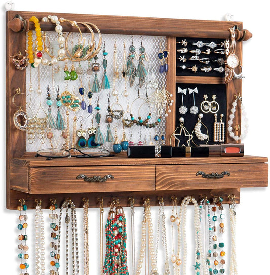 QILICZ Wall Jewelry Organizer with Bracelet Rod, 21 Hooks, Drawer Jewelry Storage for Earrings, Studs, Necklaces, Bracelets, Rings.