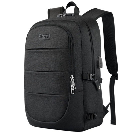 AMBOR Backpack for Men, 17.3 Inch Laptop Backpack School Backpack with USB Charging Port, Women's Anti-Theft Backpack Multifunctional Notebook Bag Waterproof, Black