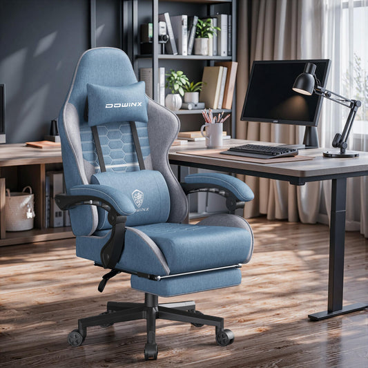 Dowinx Gaming Chair Bag Spring Cushion, Breathable Office Chair made of High-Quality Fabric, Ergonomic PC Chair with Headrest, Rotating Desk Chair with Footrest (Blue)