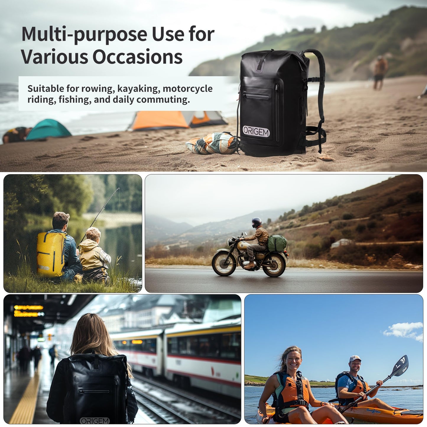 Origem Waterproof Backpack, 35L/55L/85L Rolltop Backpack Waterproof, Dry Bag with Laptop Insert for Kayaking, Fishing, Rafting, Diving, or everyday use.