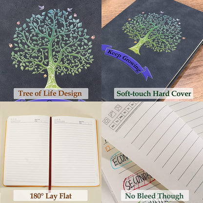 4-pack Tree of Life adult journals, A5, lined, wide ruled, writing diary, notebooks, 180° Layflat, thick paper, faux leather, hardcover, 200 pages