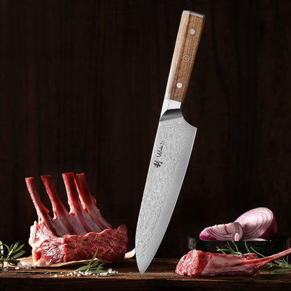 Wakoli Oribu Kiritsuke Knife 20 cm - Kitchen knife made of 67 layers - Damascus knife with VG10 core, extra sharp, olive wood handle, versatile for meat, fish, vegetables, gift box, full tang knife sharp