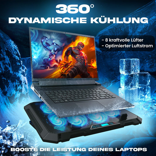 KLIM V8 Gaming Laptop Cooling Pad with 8 fans - New - Gaming Laptop Cooler - Stable RGB Notebook Stand with fans - Compatible up to 17" - 2 USB Ports - Phone holder - 5 years protection