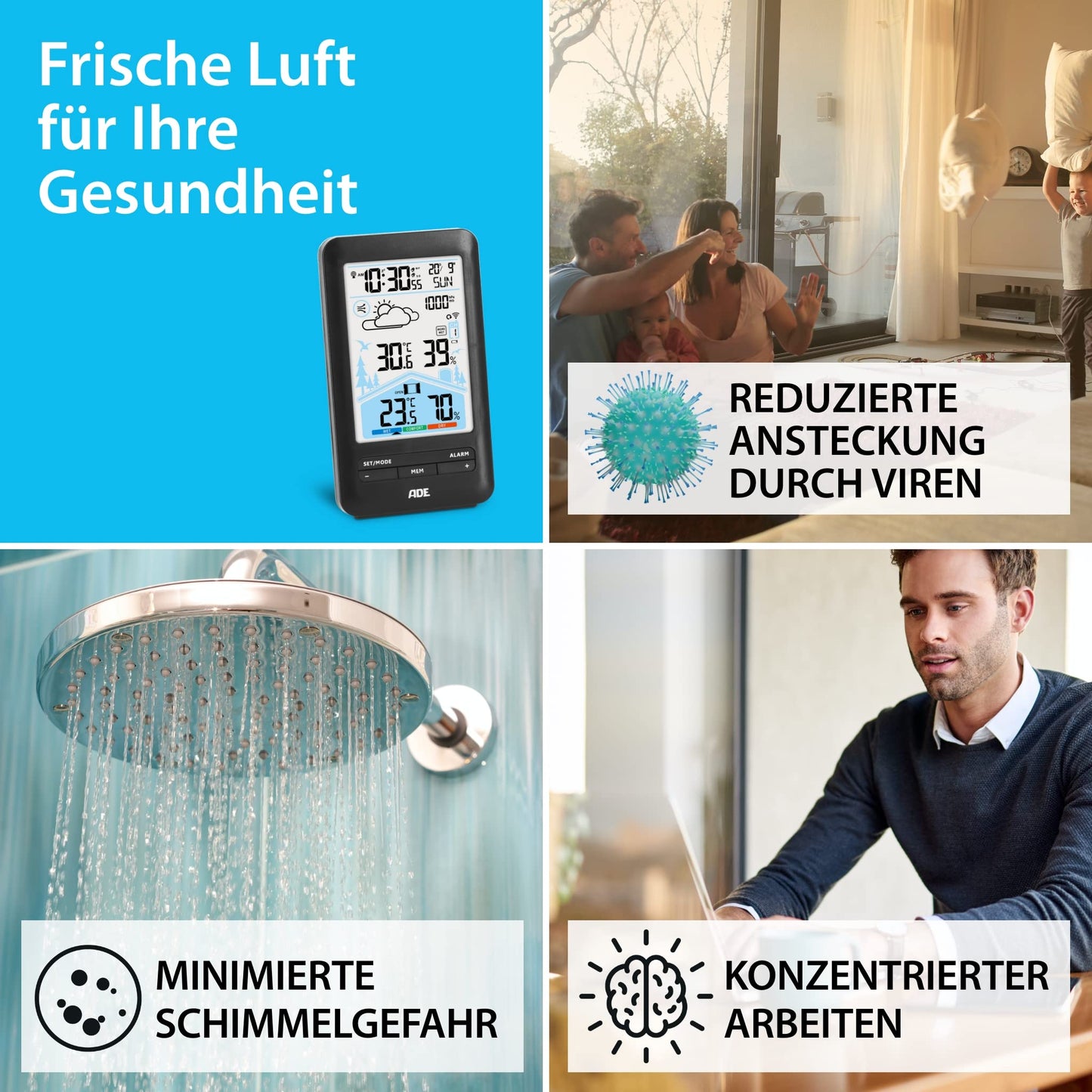 ADE weather station with radio control, outdoor sensor, and radio alarm clock. Includes ventilation recommendation, hygrometer, thermometer, 2 alarms, animated weather forecast, snooze function, and LCD color display.