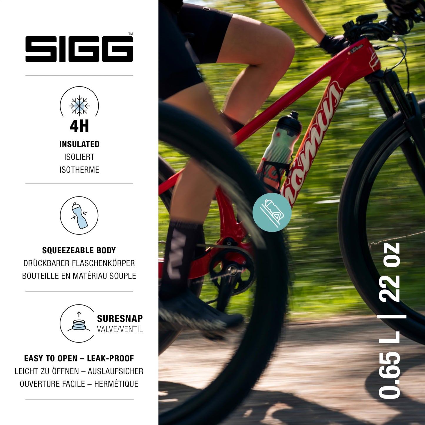 SIGG - Bike Water Bottle - Pulsar Therm Frost - Insulated - Squeezable - Dishwasher Safe - Lightweight - Leak-proof - BPA-free - Outdoor Sport & Bike Accessory - Pastel turquoise & red - 0.65L