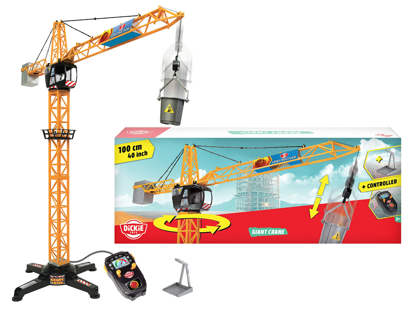 Dickie Toys - Giant Crane 100 cm - Remote-controlled construction crane with large transport bucket and cargo carrier, for children aged 3 years and older, can rotate 350 degrees.