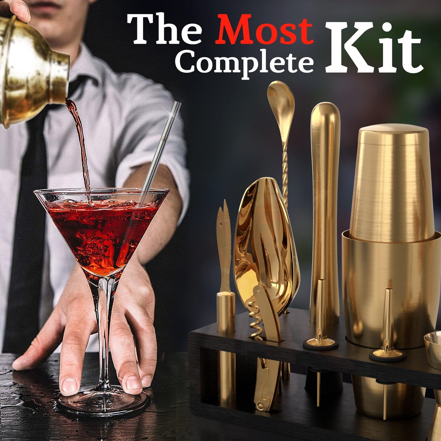 Highball & Chaser bartender set with black bamboo stand, elegant cocktail shaker set and bar tools, stainless steel, Boston shaker, bartender kit with stand (antique gold)