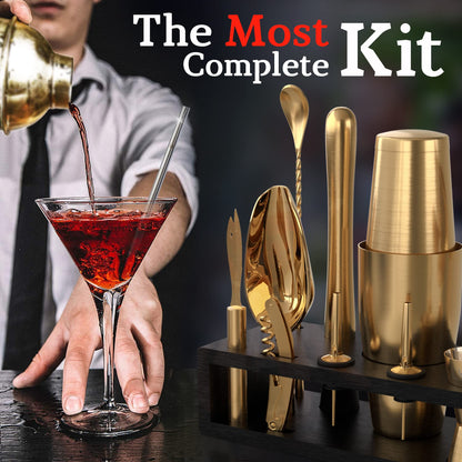 Highball & Chaser bartender set with black bamboo stand, elegant cocktail shaker set and bar tools, stainless steel, Boston shaker, bartender kit with stand (antique gold)