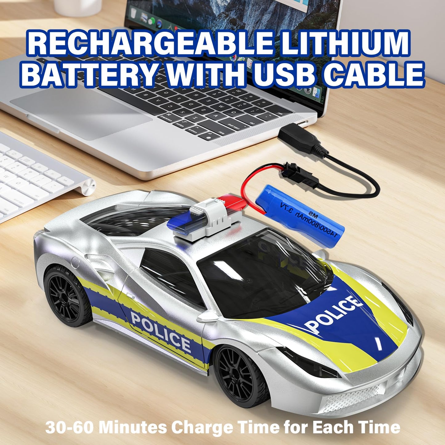 Muakiz Remote Control Car for 3 4 5 6+ Years Old, 2.4G RC Police Car Toy with Remote Control for Boys Girls Kids Toy with Rechargeable Battery & Police Light RC Cars Toy, Silver
