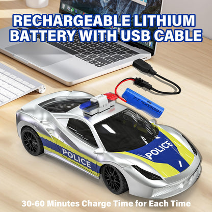 Muakiz Remote Control Car for 3 4 5 6+ Years Old, 2.4G RC Police Car Toy with Remote Control for Boys Girls Kids Toy with Rechargeable Battery & Police Light RC Cars Toy, Silver