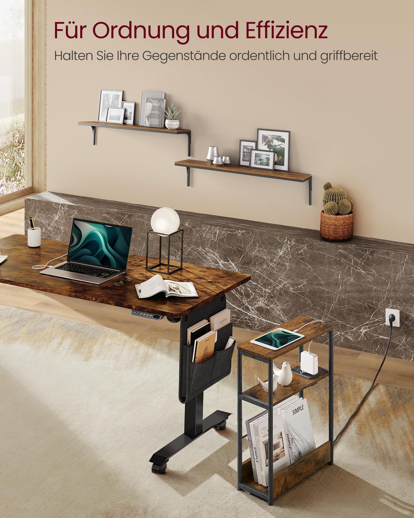 VASAGLE slim side table, nightstand with drawer, small coffee table, 3 shelves, magazine holder, for living room, bedroom, study, vintage brown-ink black LET335K02
