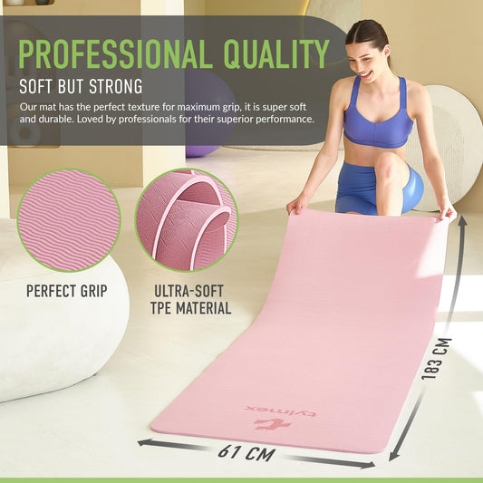 Tylmex Yoga Mat TPE non-slip 6mm | Eco-friendly fitness mat for yoga, pilates & workout | Exercise mat 183x61cm with carrying strap & online exercise guide - Pink