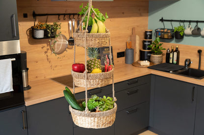 Decorasian Hanging Fruit Basket, Large 3-tiered stand made of water hyacinth - Fruit rack for storing fruits and vegetables - Hanging basket - 34cm