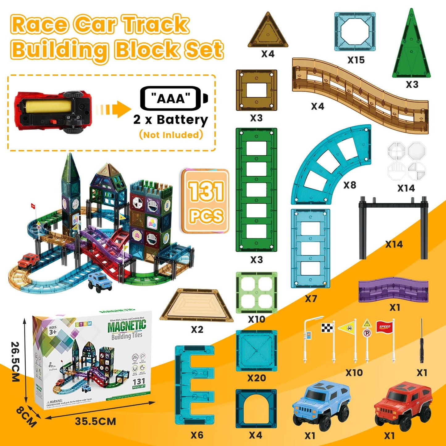 JONRRYIN 131 Piece Magnetic Building Blocks Car Race Track, Magnetic Building Blocks Set 3D Racing Car Track Magnetic Building Blocks Kids with 2 Toy Cars, Educational Toy for Children 3 Years and Up