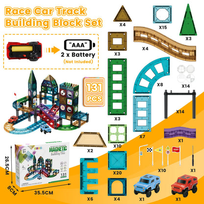 JONRRYIN 131 Piece Magnetic Building Blocks Car Race Track, Magnetic Building Blocks Set 3D Racing Car Track Magnetic Building Blocks Kids with 2 Toy Cars, Educational Toy for Children 3 Years and Up
