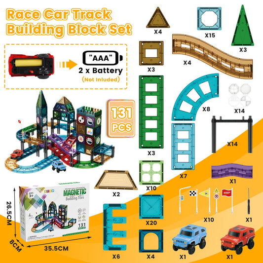 JONRRYIN 131 Piece Magnetic Building Blocks Car Race Track, Magnetic Building Blocks Set 3D Racing Car Track Magnetic Building Blocks Kids with 2 Toy Cars, Educational Toy for Children 3 Years and Up