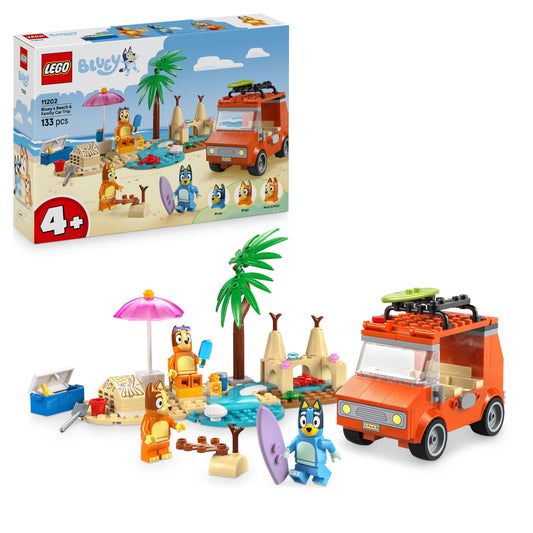 LEGO Bluey: Bluey's Beach & Family Car Trip Toy includes 3 minifigures (Bingo & Chilli), 2 surfboards, a sand castle, and fun accessories. Perfect birthday gift for 4+ year old girls & boys. - 11202