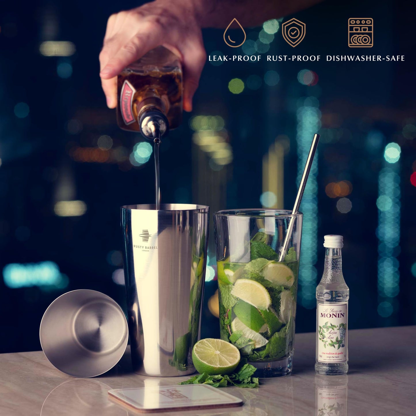 Rusty Barrel Bloomsbury Cocktail Set – Stainless Steel Cocktail Shaker Set with Jigger, Muddler, Bar Spoon & Accessories | Cocktail Mixing Set in Luxury Gift Box with Bag & Recipe Booklet