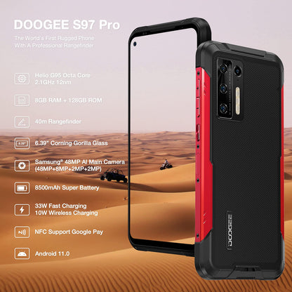 DOOGEE S97 PRO outdoor smartphone with 40m laser rangefinder, 8GB+128GB, 8500mAh battery (wireless charging), 6.39" UHD display, IP68, NFC/GPS, Android 11. Available in red. No contract required.