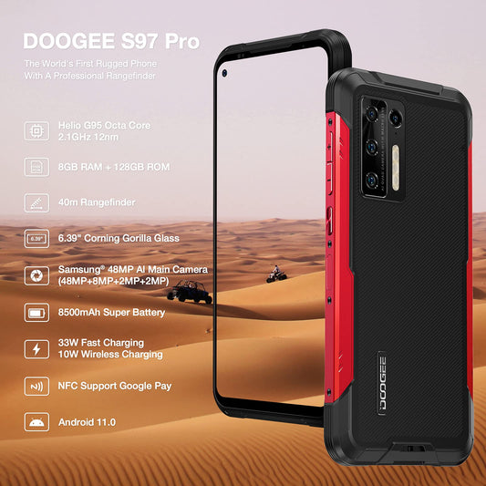 DOOGEE S97 PRO outdoor smartphone with 40m laser rangefinder, 8GB+128GB, 8500mAh battery (wireless charging), 6.39" UHD display, IP68, NFC/GPS, Android 11. Available in red. No contract required.