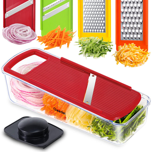 Geedel 4 in 1 Multifunction Mandoline Vegetable Slicer, Onion Cutter, Vegetable Chopper Manual Cheese Grater, Julienne Cutter Cucumber Slicer, Vegetable Grater Apple Grater Potato Slicer (Red)