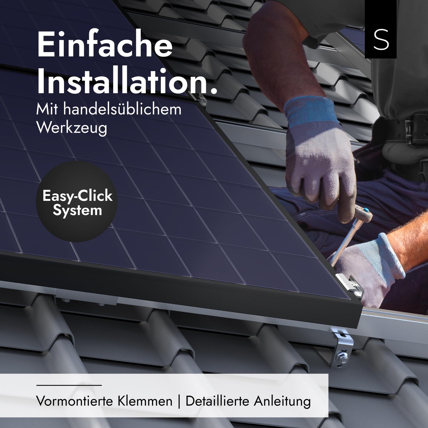 SOLAFIX® Balcony Solar Panel Mounting Kit for Tile Roof - Roof Mount Set for 2 Solar Panels 30-40 mm Frame Height - Solar Mount for Tile Roof with EASY-CLICK Clamps & Height-Adjustable Roof Hooks