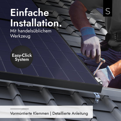 SOLAFIX® Balcony Solar Panel Mounting Kit for Tile Roof - Roof Mount Set for 2 Solar Panels 30-40 mm Frame Height - Solar Mount for Tile Roof with EASY-CLICK Clamps & Height-Adjustable Roof Hooks