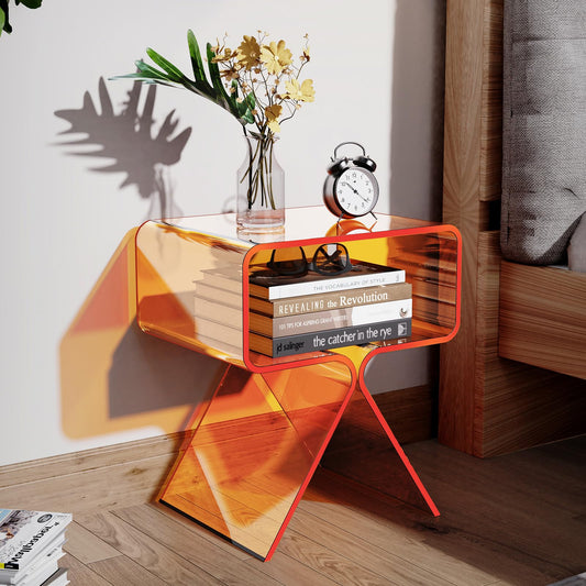 Acrylic Nightstand Side Table, Modern Design Clear Home Decor Display End Table (Orange)