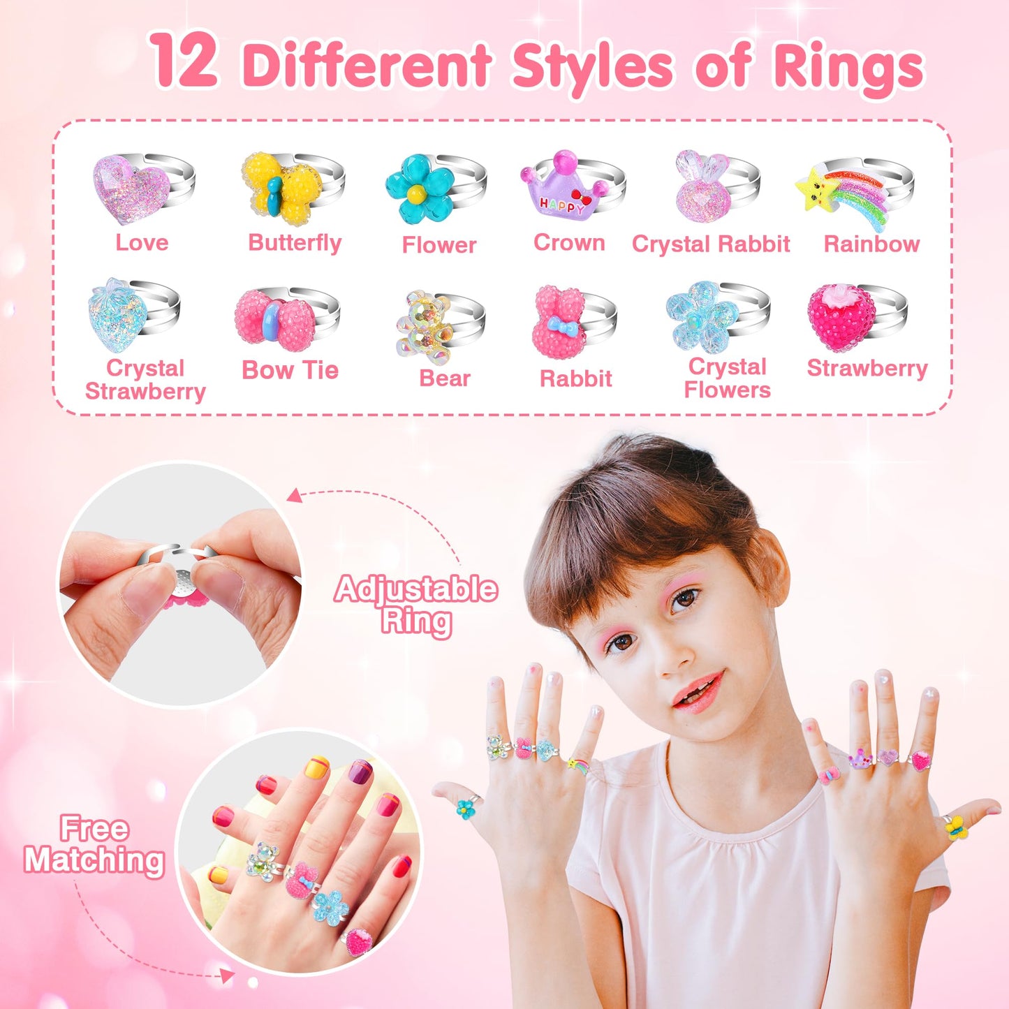 172 piece jewelry toy set for girls, including jewel rings, necklaces, bracelets, hair ties, hair clips, princess dress-up toys. Perfect gifts for girls aged 3-10+ for birthdays and Christmas.