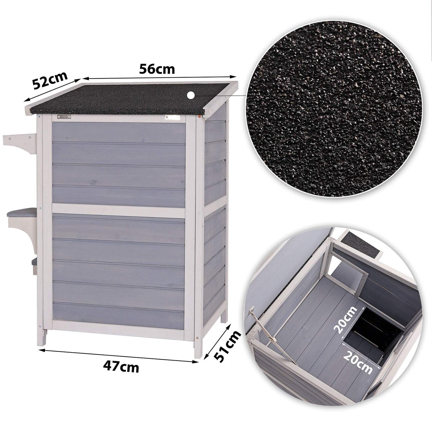 lionto outdoor cat house for playing and resting, wooden house for cats with weatherproof bitumen roof, 56x52x82 cm, window and 3 entrances, sturdy cat hut with assembly instructions, grey/white