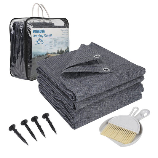 FoundGo awning carpet with eyelets [280g/m² HDPE] Camping carpet Outdoor awning floor including carrying bag Steel nails & Small broom Blue/Grey 250x500cm