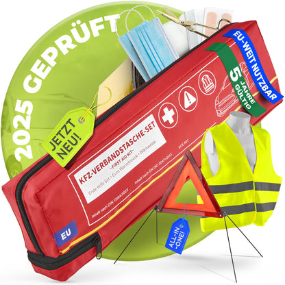 Automotive first aid kit including warning triangle & high-visibility vest until 2029 [EU-compliant] according to DIN 13164:2022. First aid kit, emergency set for car, camper, and home. 100% reliable. Smart Planet.