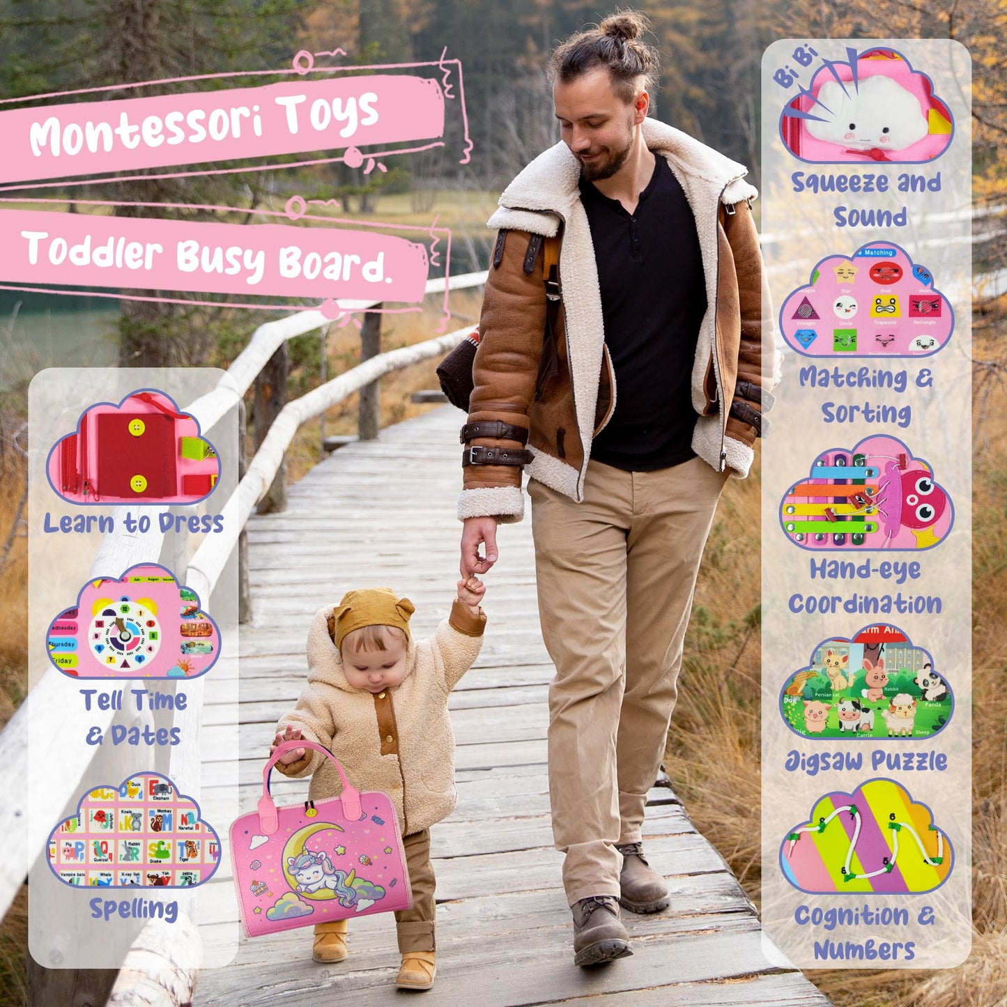 TenFans Busy Board - Montessori toy for 1-4 year olds - Sensory toys - Gifts for girls to learn fine motor skills - Educational activities travel toy for car and airplane