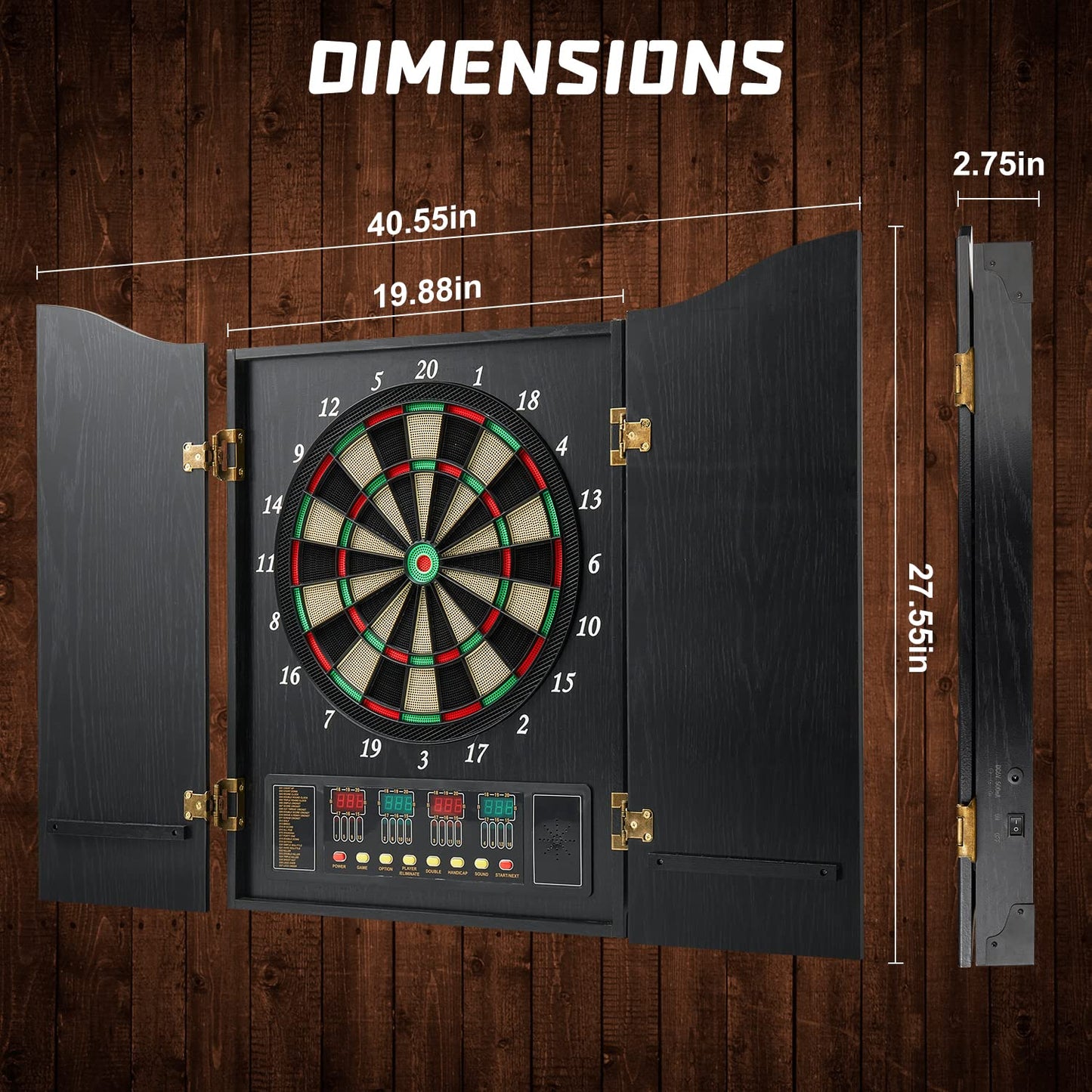 Brovamo dartboard, Decorative dartboard cabinet set [12*soft tip darts], Electronic dartboard, Wooden cabinet doors with integrated scoreboard [black]