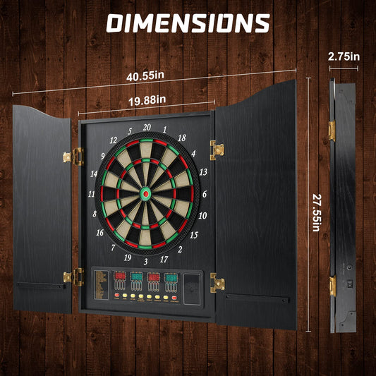 Brovamo dartboard, Decorative dartboard cabinet set [12*soft tip darts], Electronic dartboard, Wooden cabinet doors with integrated scoreboard [black]