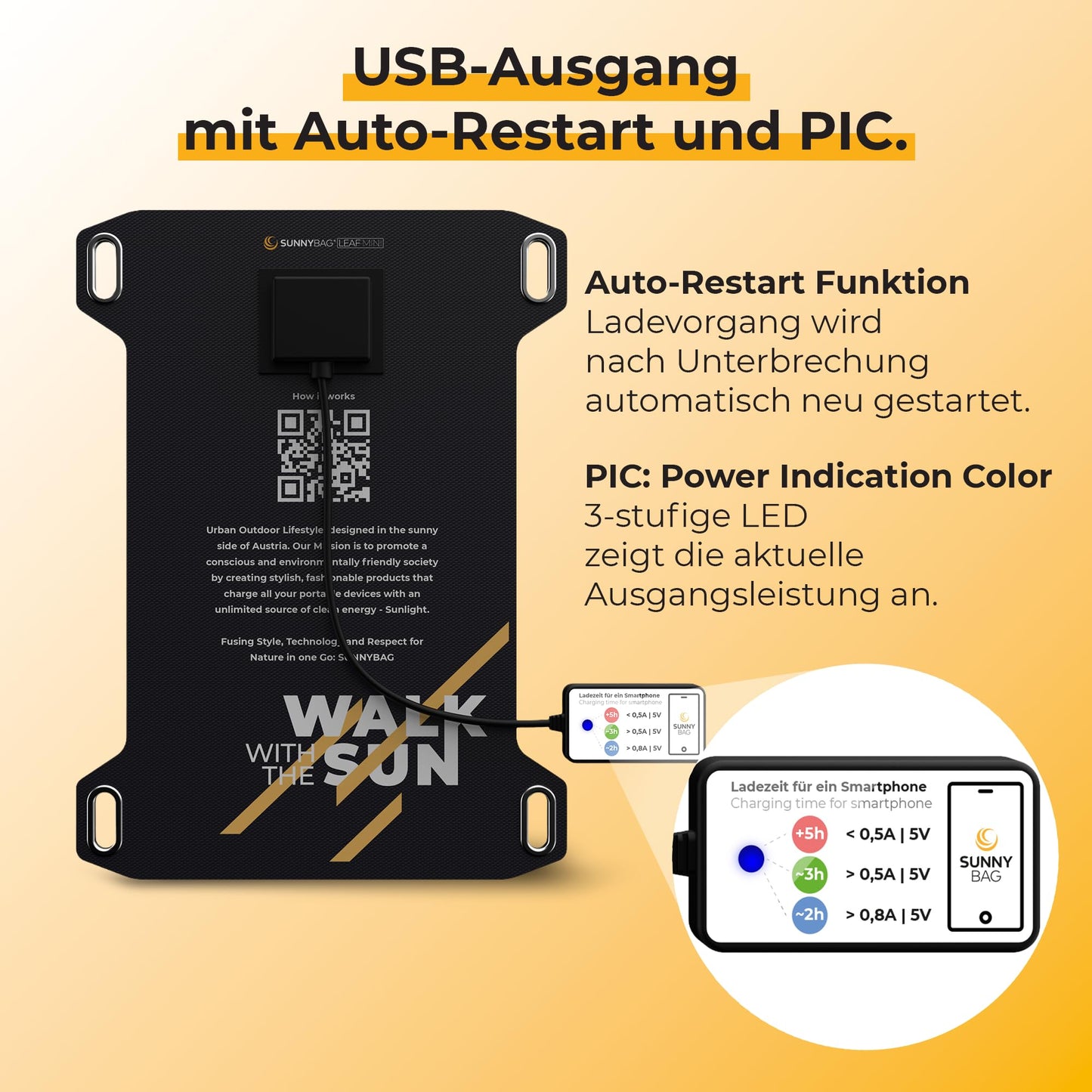 Sunnybag® Leaf MINI 2.0 solar panel [Ultra-lightweight & Compact!] – Solar charger (Waterproof & Durable) – Solar panel with USB for hiking, camping & outdoor activities – perfect for use with power bank (5W power output)