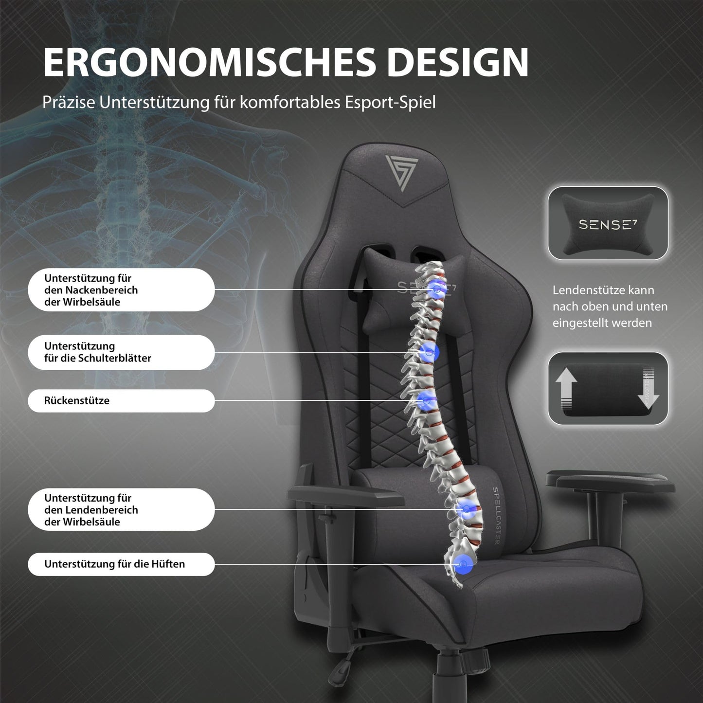 SENSE7 Gaming Fabric Spellcaster Office Chair Gamer Ergonomic seat Armrest One-piece steel frame Adjustable tilt angle Black, 43-52 x 69.5 x 57, 5902659841537
