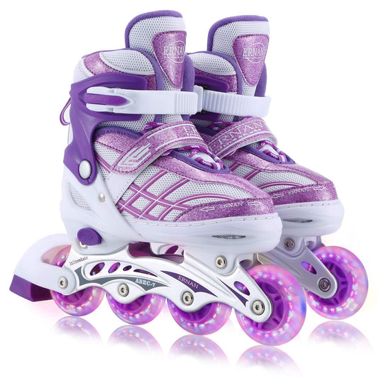 Girls' adjustable 4-size inline skates with all glowing wheels for kids girls (Purple, S (EU28-32))