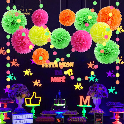 NICROLANDEE Neon Tissue Paper Pom Poms and Dots Paper Garland, Blacklight Party Decorations 15 Pieces, Party Decor for Wedding, Prom, Birthday, Garden Party.