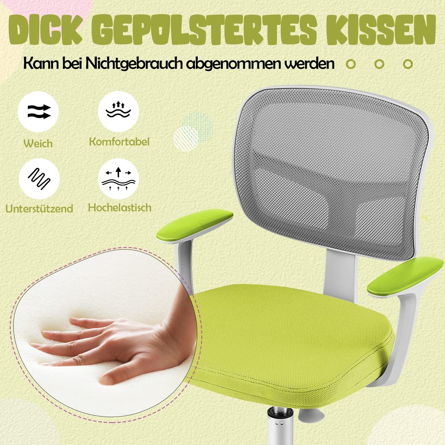 COSTWAY 360° swivel kids desk chair, 80-91.5 cm adjustable height youth chair with backrest & armrests, computer chair with 5 wheels for kids aged 3-10 years old (Green)