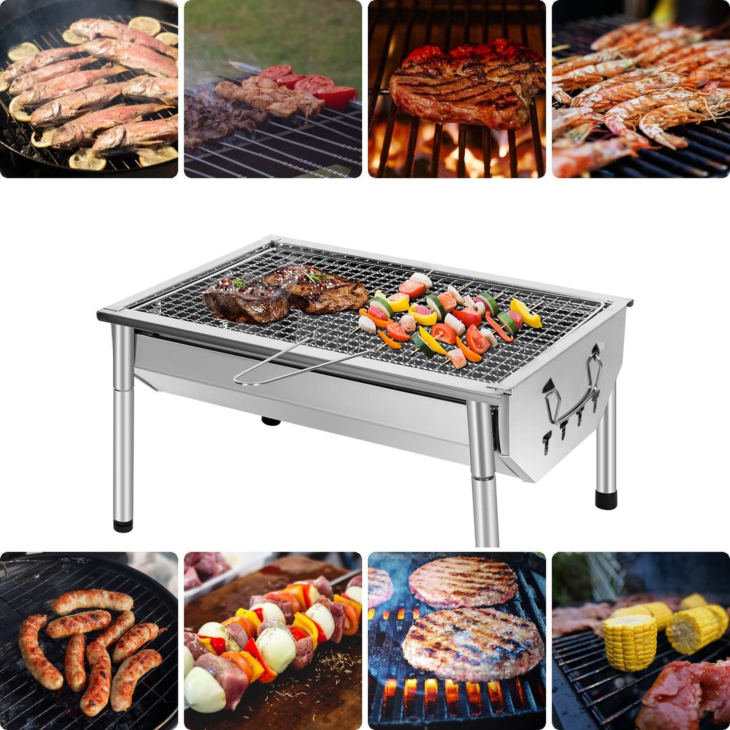 SunJas picnic grill stainless steel charcoal grill small portable camping grill detachable BBQ grills for outdoor garden party etc. (40 x 28 x 21.5 cm)