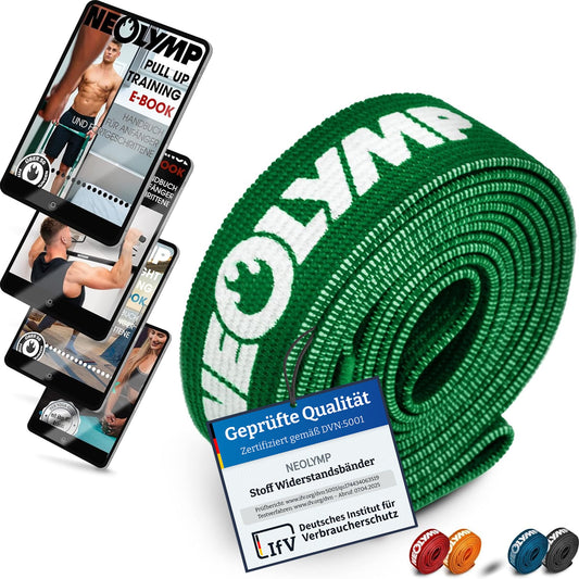 NEOLYMP Long Fabric Resistance Bands with Fitness E-Book - washable Resistance Bands, Gymnastics Bands, Fitness Bands, Training Bands, Pull-Up Bands, Strength Training Sets (green)