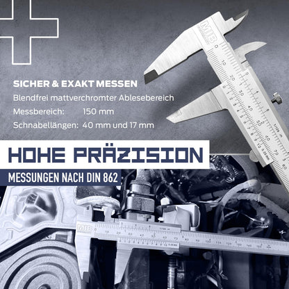 MIB Vernier caliper with locking screw DIN 862 150mm | Stainless steel caliper | Analog caliper | Vernier caliper with matt chrome finish | Precision measuring instrument for 4-way measurement | Measuring tool