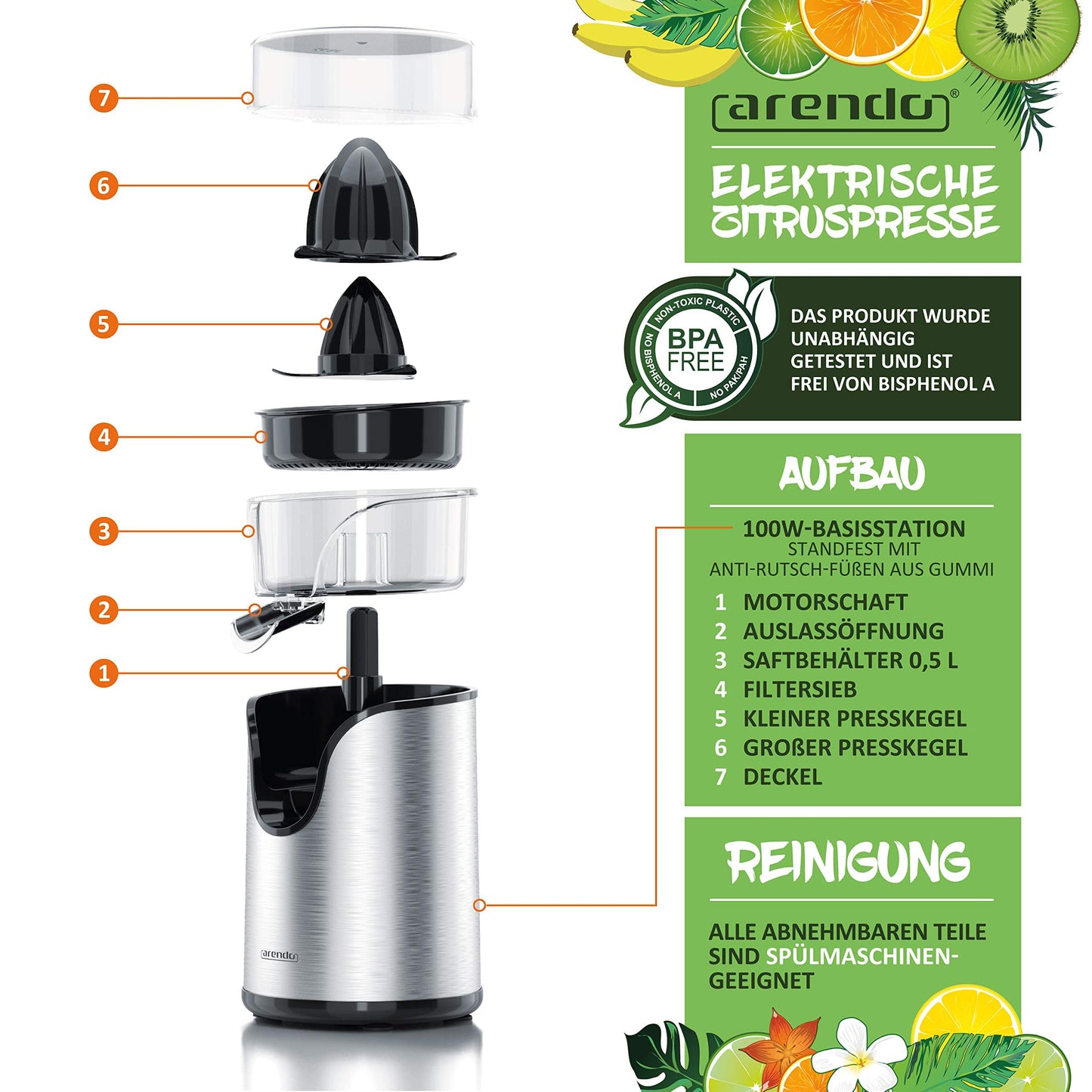 Arendo - Electric stainless steel lemon squeezer - Juicer, orange squeezer, lime squeezer - Start-stop automatic function - large and small juicing cones - strainer insert - BPA free