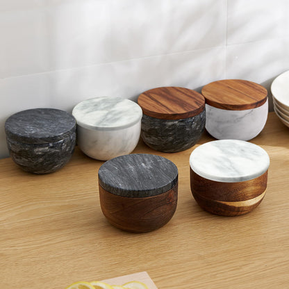 Wooden Salt Box Spice Jar Spice Container Solid Natural Acacia Bottom Marble Lid Elegant Design Decorative Boxes